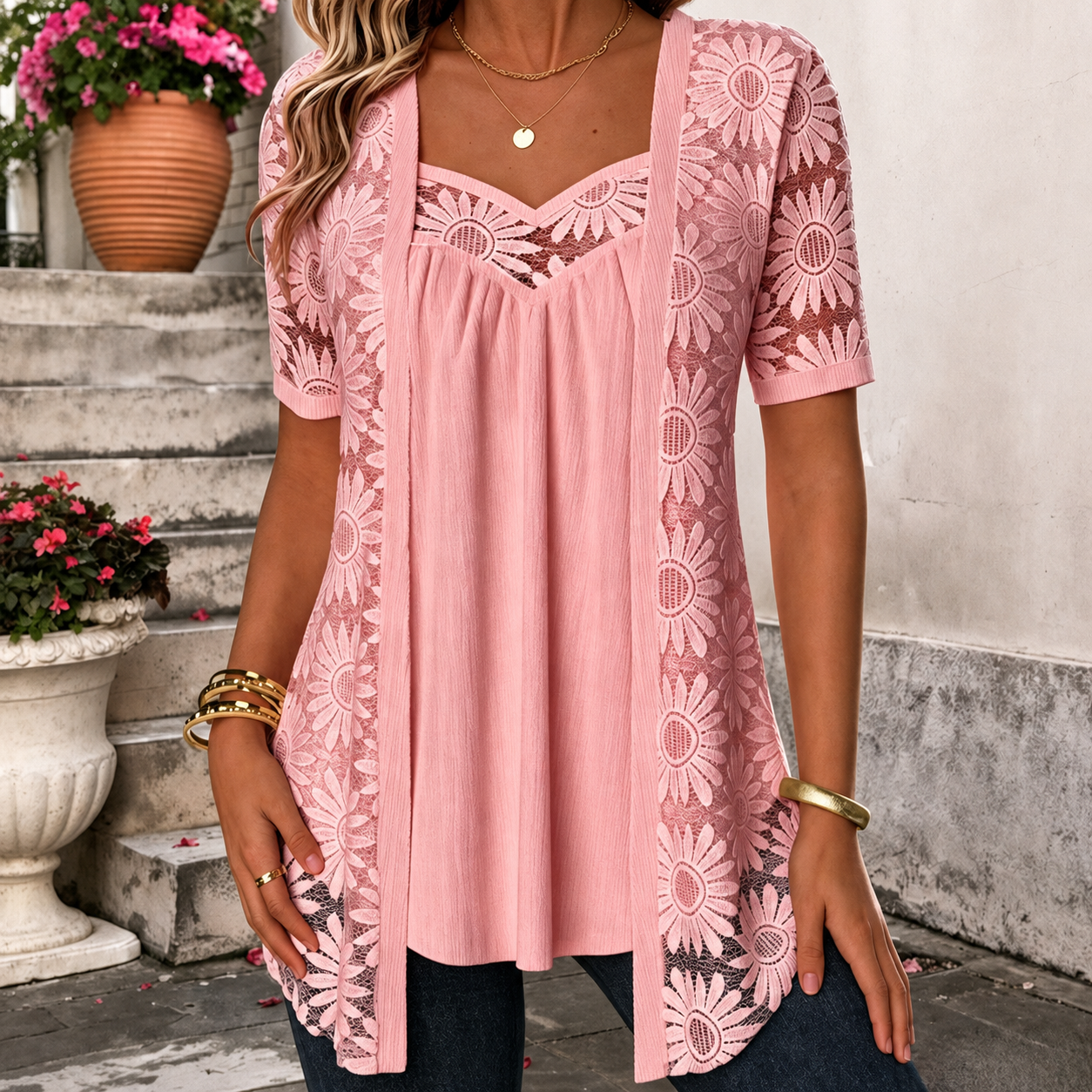 Yahaira | Lace Panel Sweetheart Neck Tunic Top