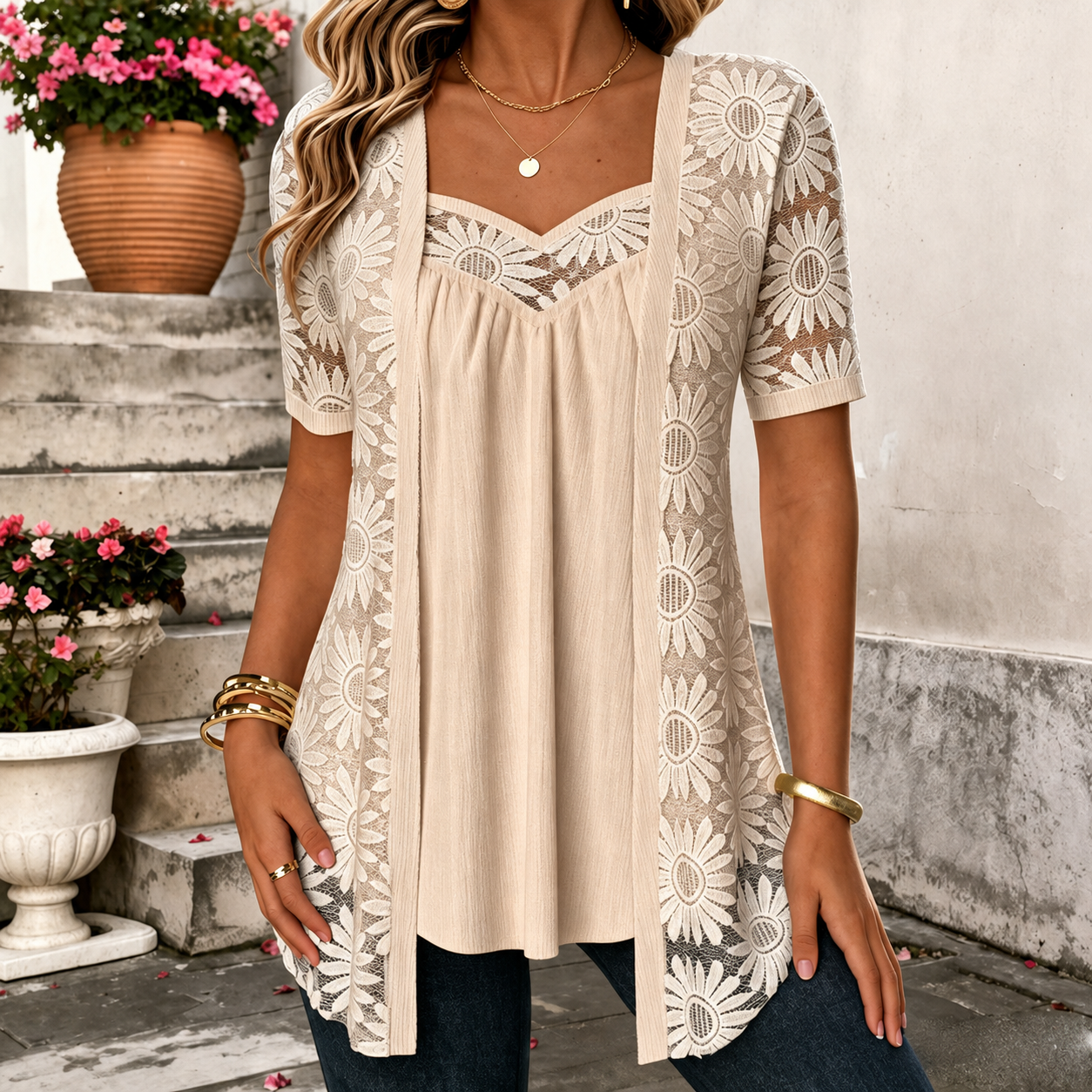 Yahaira | Lace Panel Sweetheart Neck Tunic Top