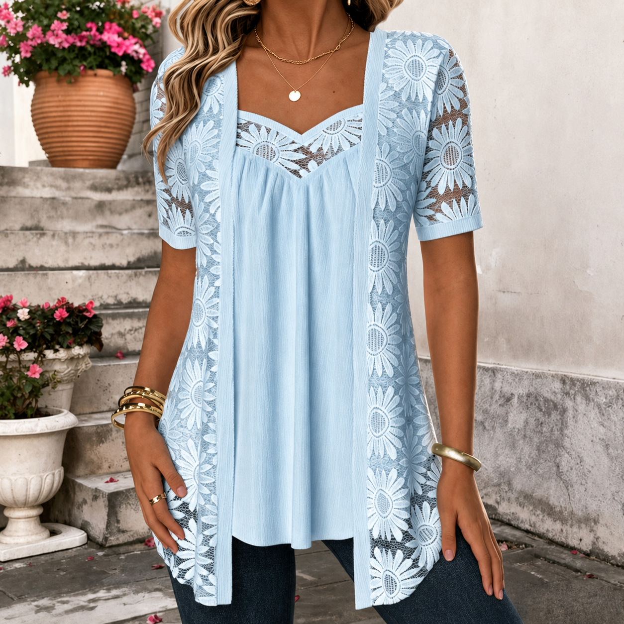 Yahaira | Lace Panel Sweetheart Neck Tunic Top