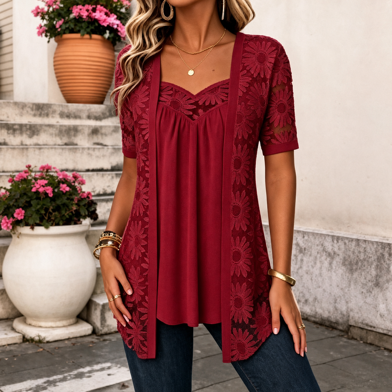 Yahaira | Lace Panel Sweetheart Neck Tunic Top