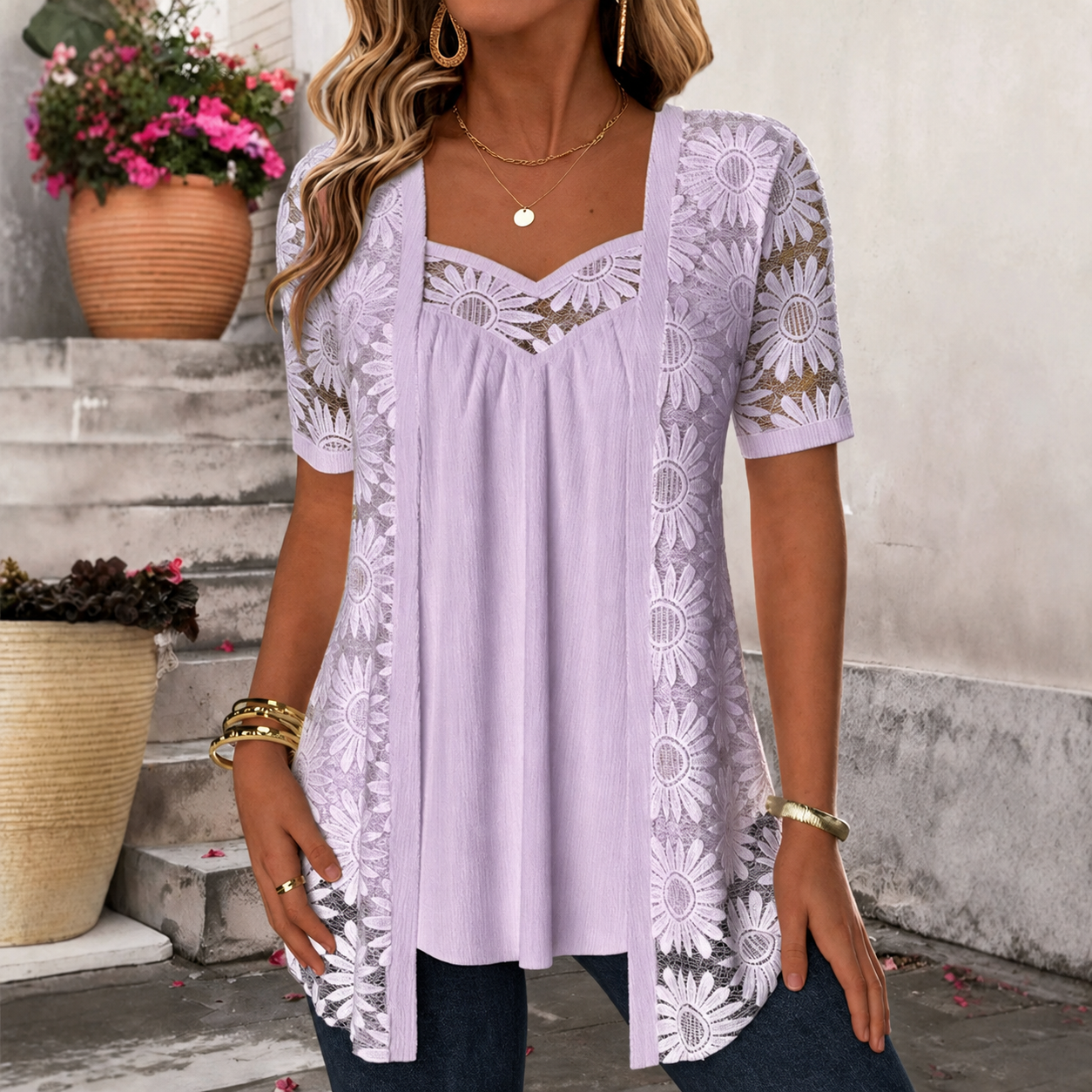 Yahaira | Lace Panel Sweetheart Neck Tunic Top
