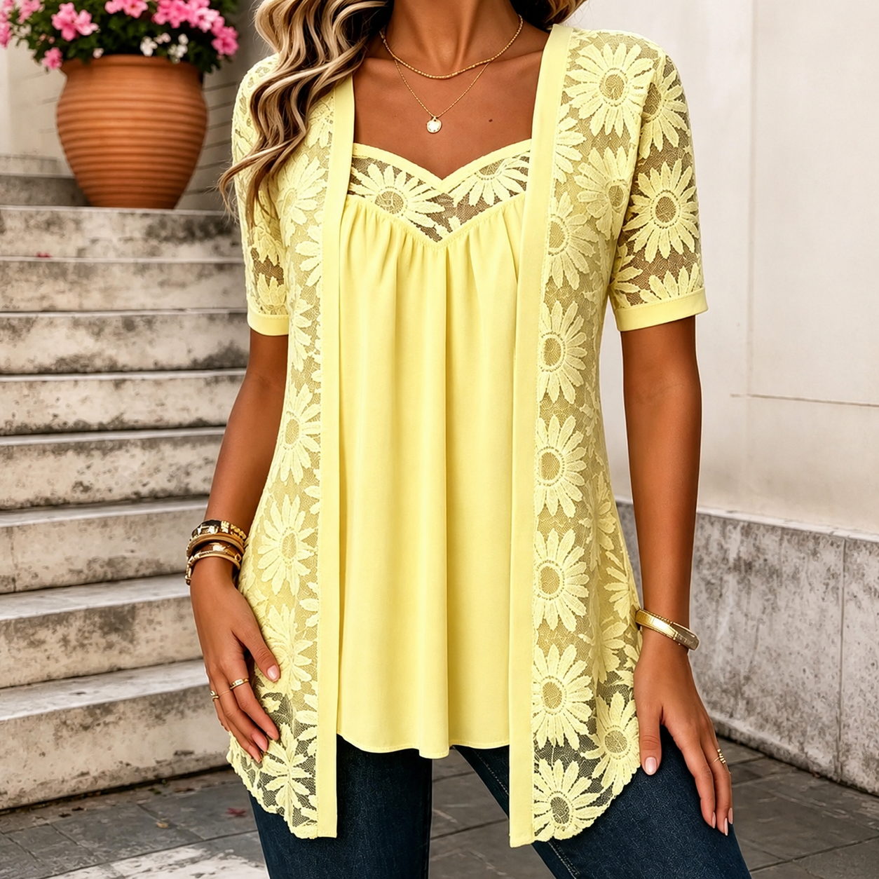 Yahaira | Lace Panel Sweetheart Neck Tunic Top
