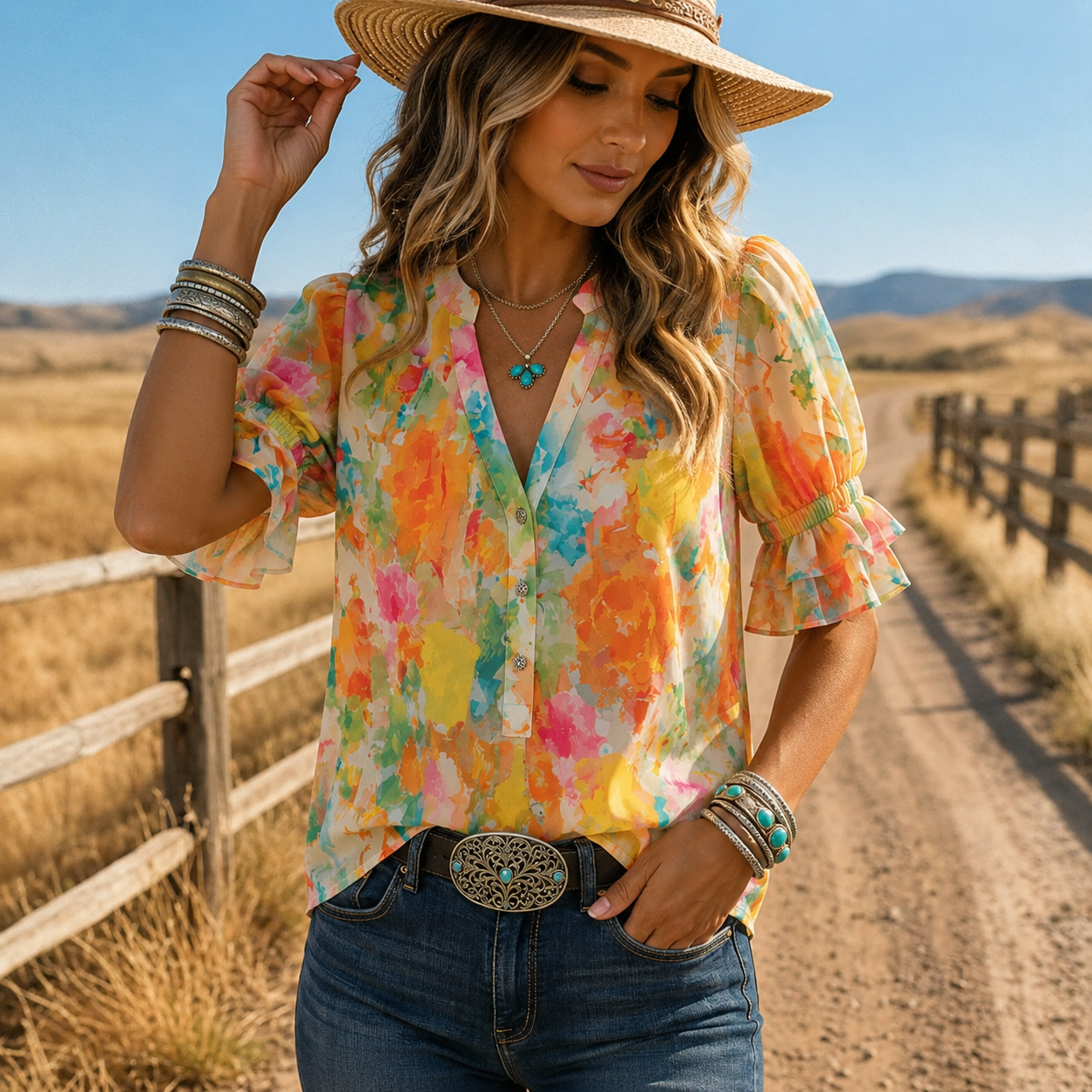 Suda | Floral V-Neck Short Sleeve Blouse
