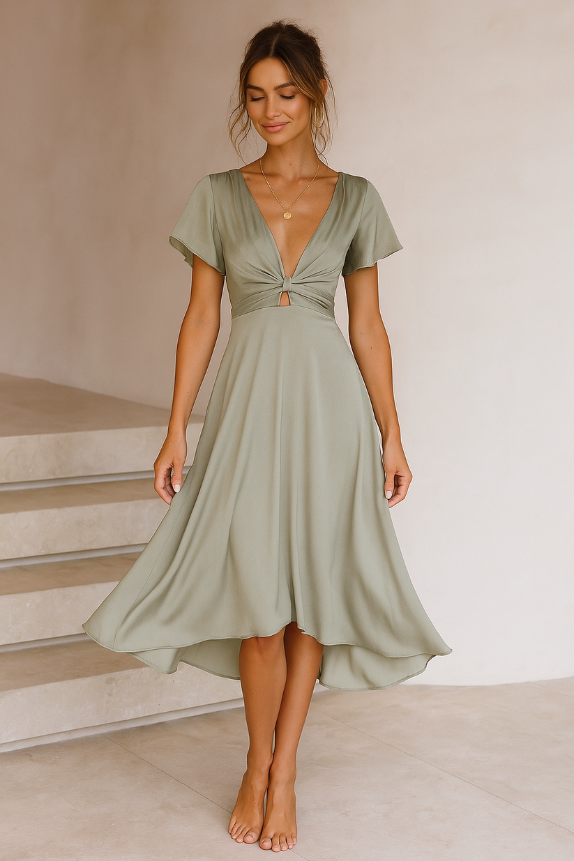 Yesha | Flutter Sleeve Tie Front Midi Dress