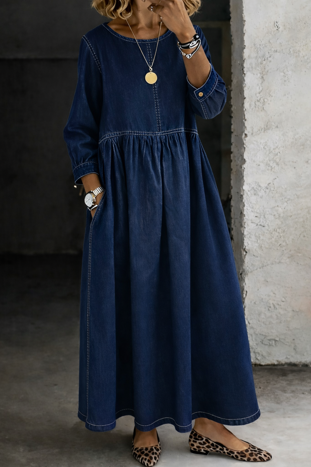Stelzer | Denim-Style Round Neck Maxi Dress