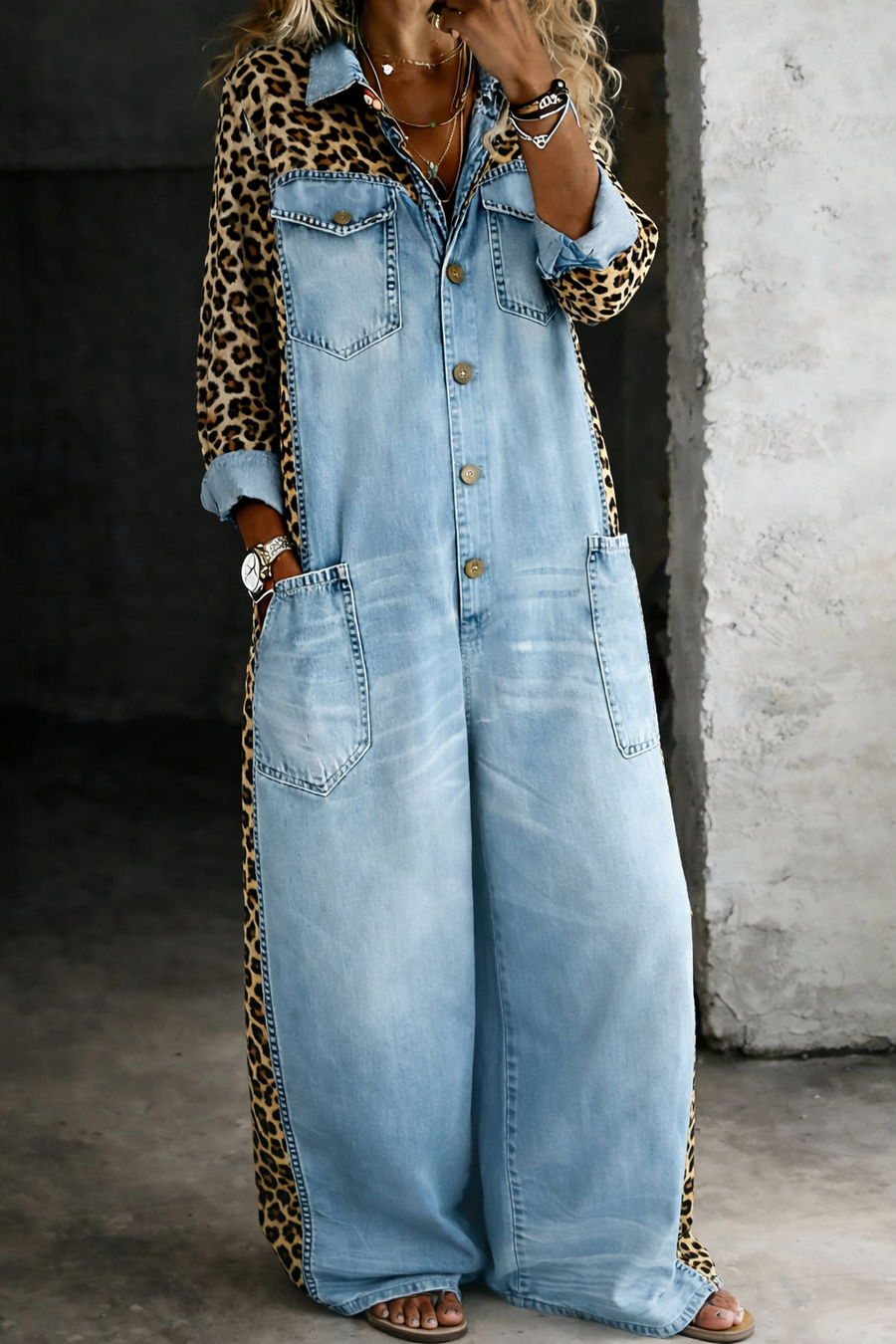 Sakshi | Jumpsuit Denim Style Leopard Print Long Sleeve