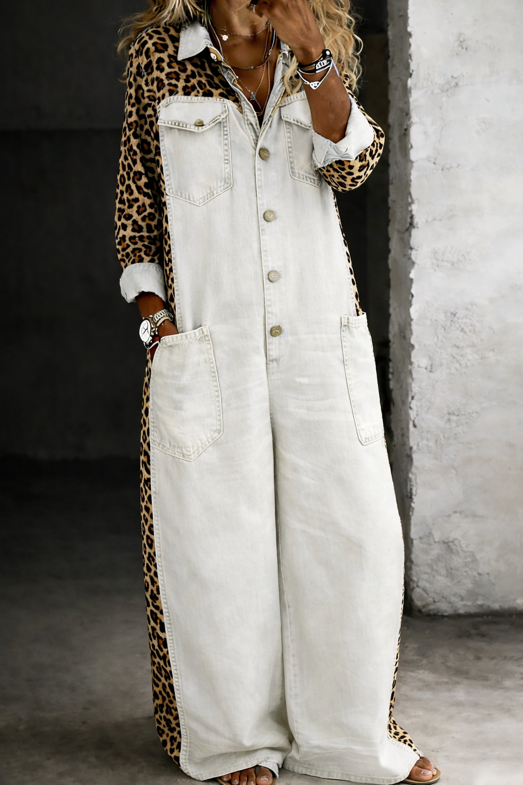 Sakshi | Jumpsuit Denim Style Leopard Print Long Sleeve