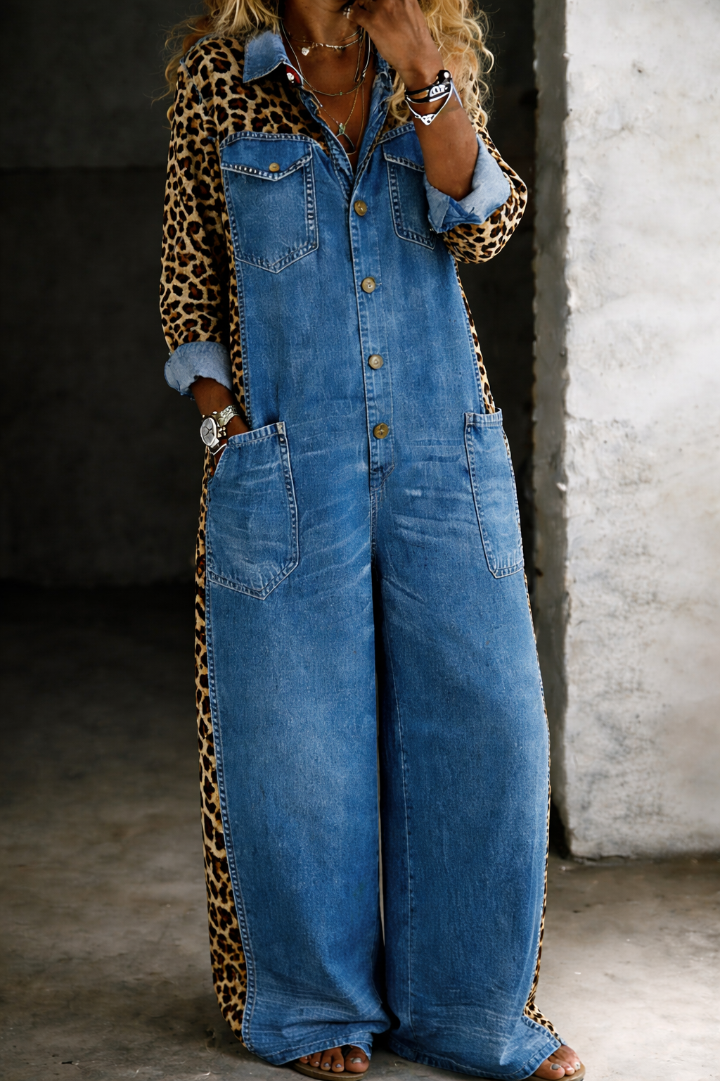 Sakshi | Jumpsuit Denim Style Leopard Print Long Sleeve