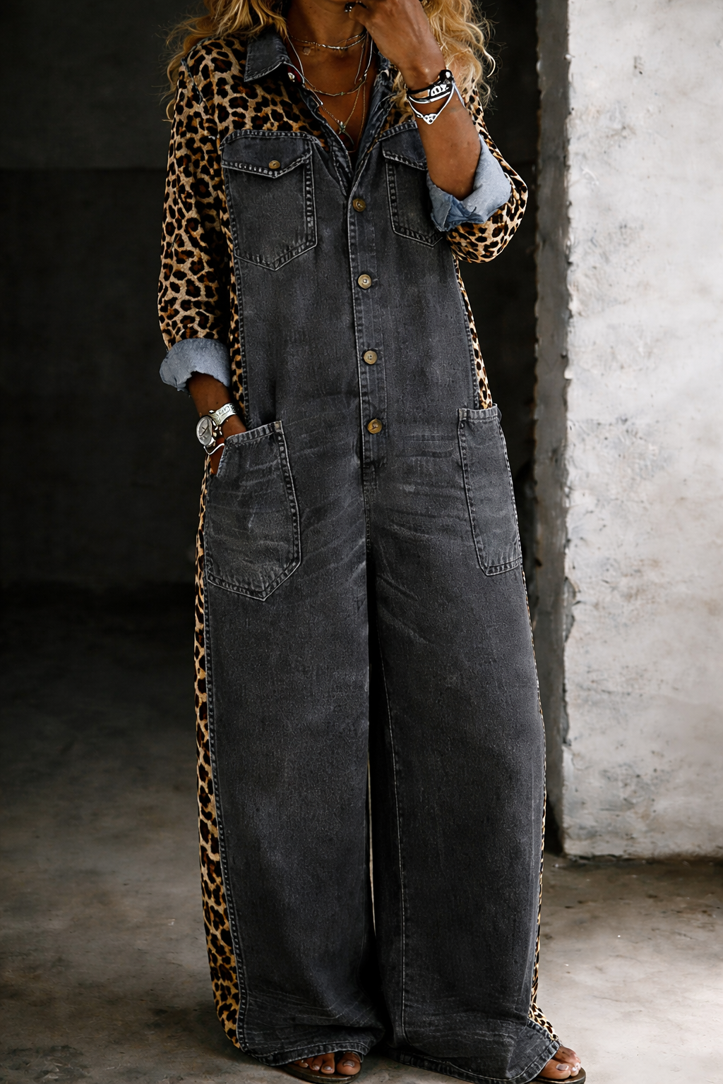 Sakshi | Jumpsuit Denim Style Leopard Print Long Sleeve