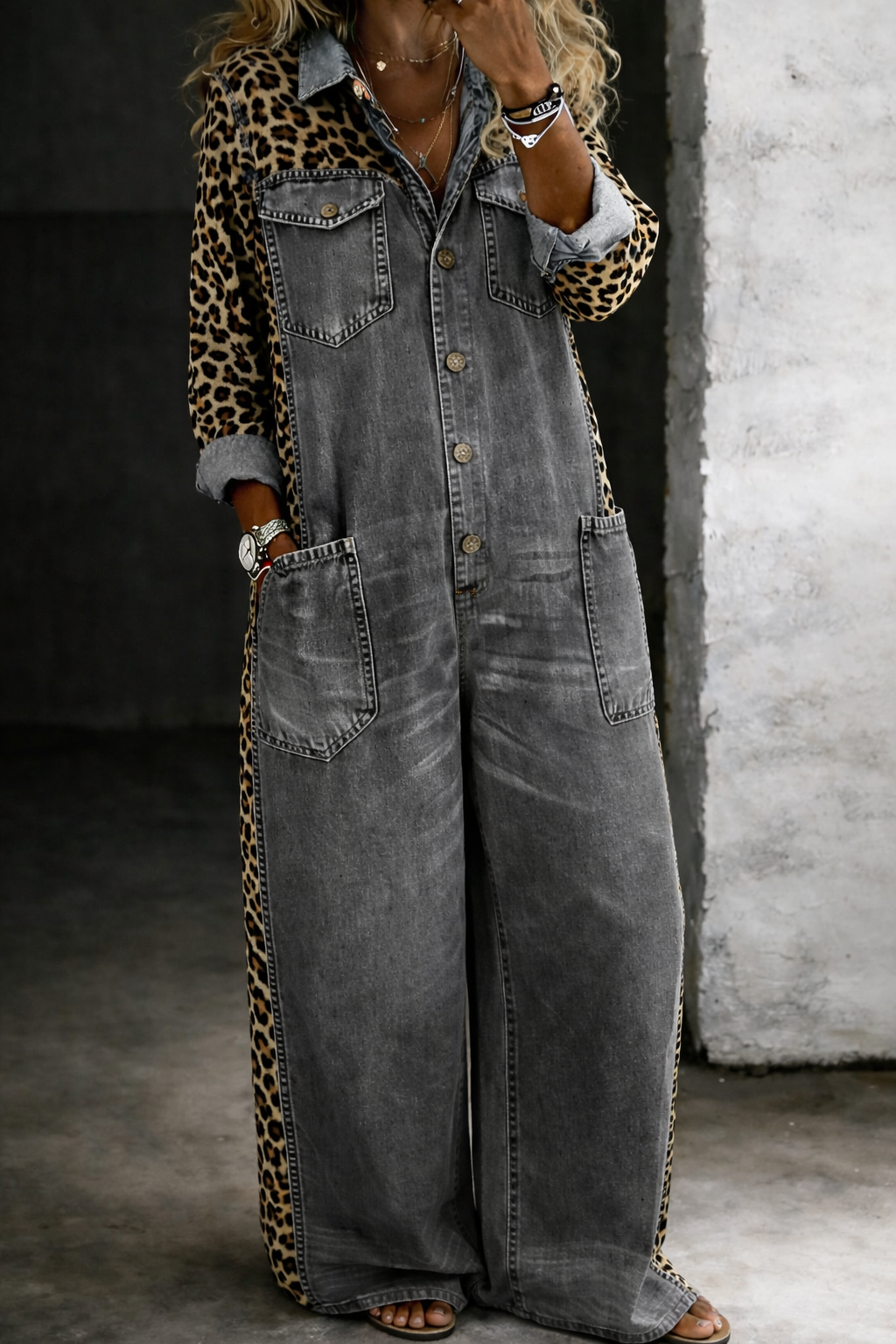 Sakshi | Jumpsuit Denim Style Leopard Print Long Sleeve