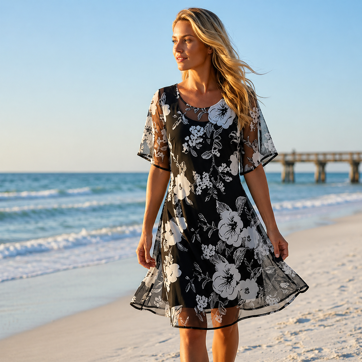 Noay | Floral Mesh Sleeve Midi Dress