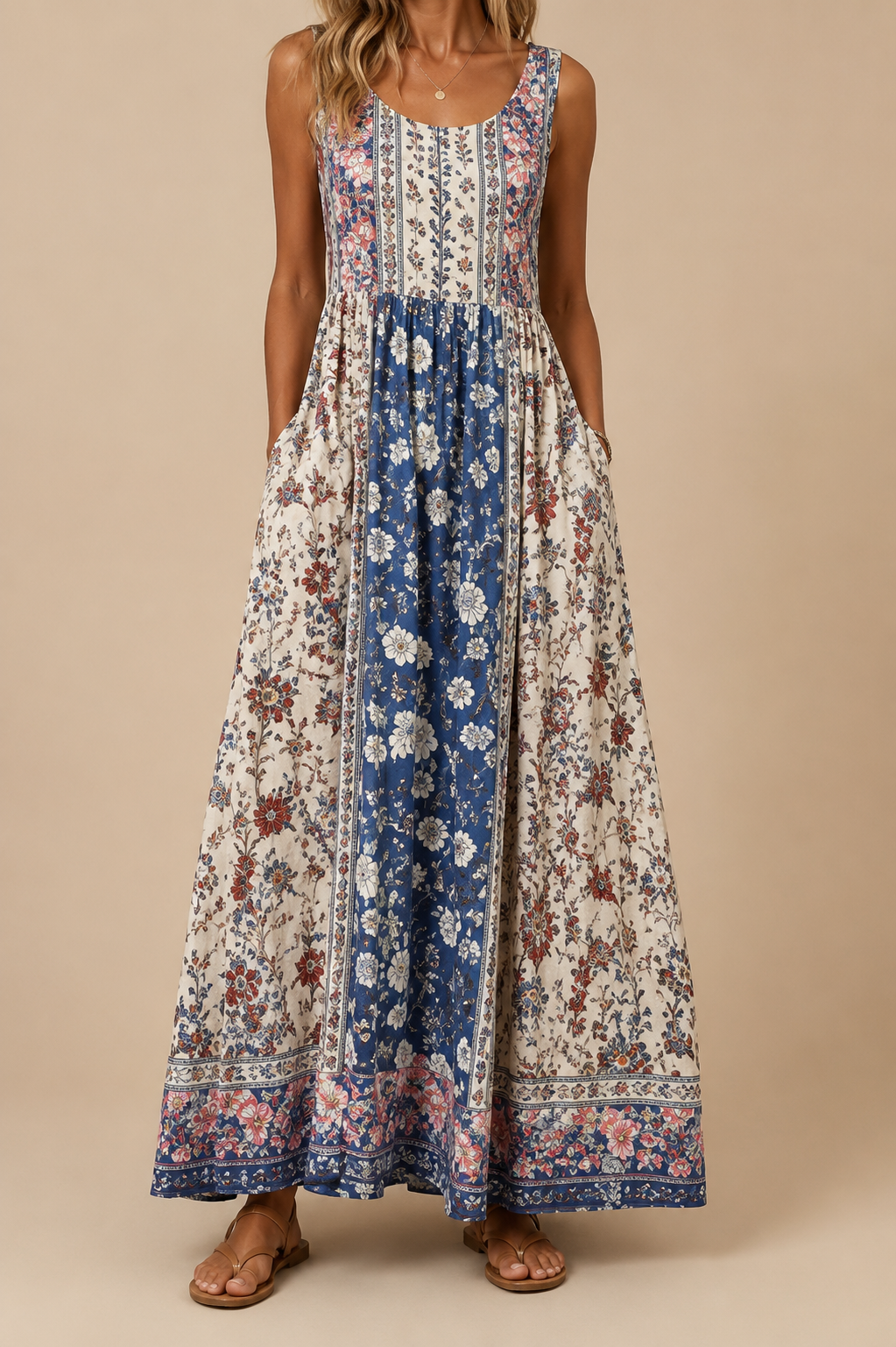 Raqual | Sleeveless Floral Print Maxi Dress Pockets