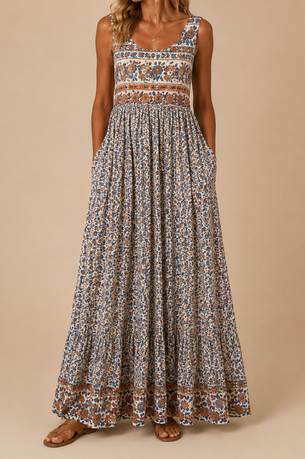 Raqual | Sleeveless Floral Print Maxi Dress Pockets