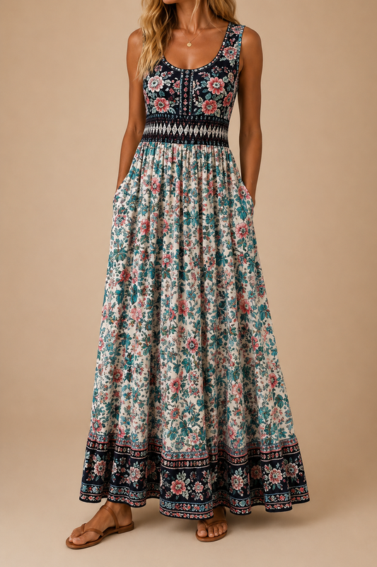 Raqual | Sleeveless Floral Print Maxi Dress Pockets