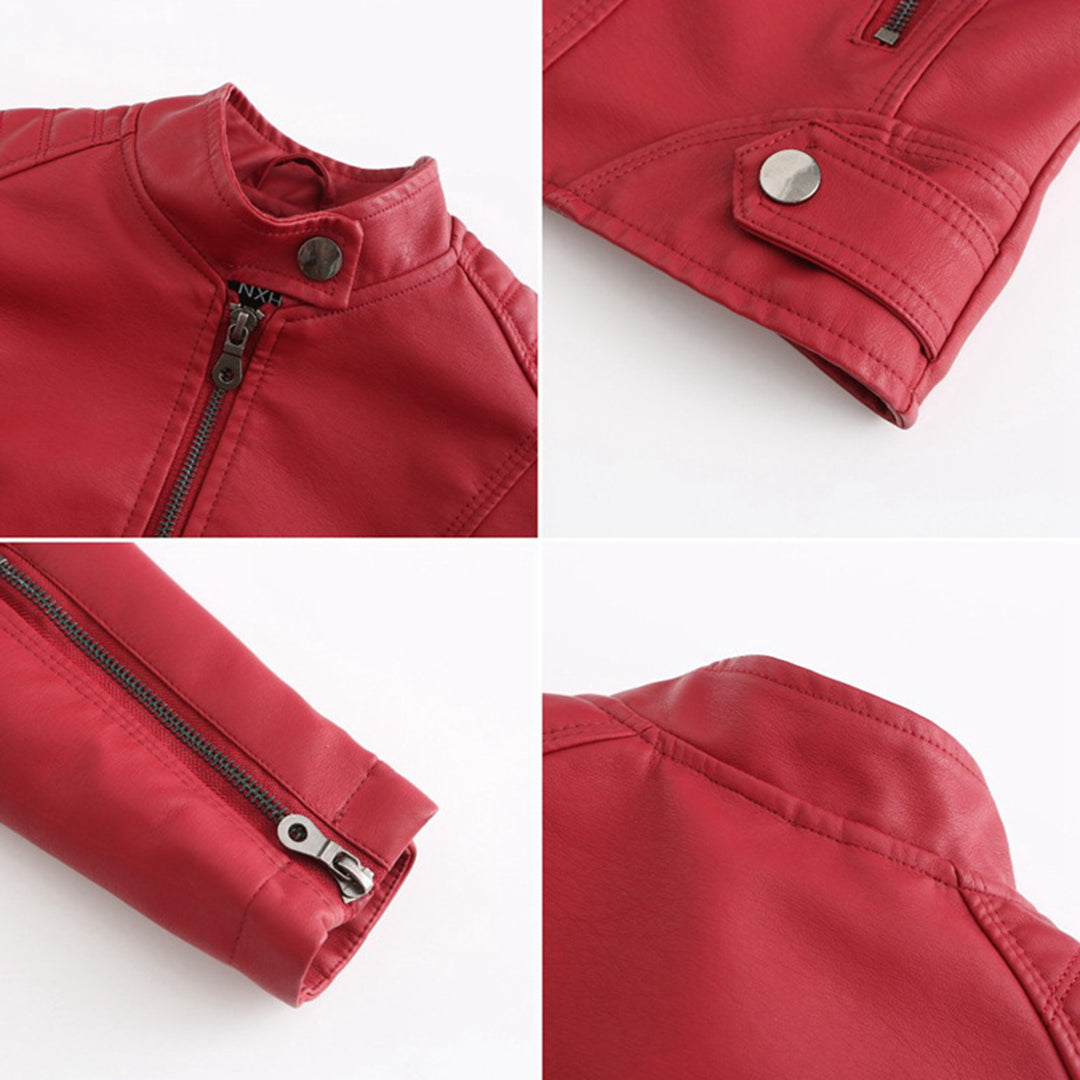 Hanneke | Faux Leather Stand Collar Zip Jacket