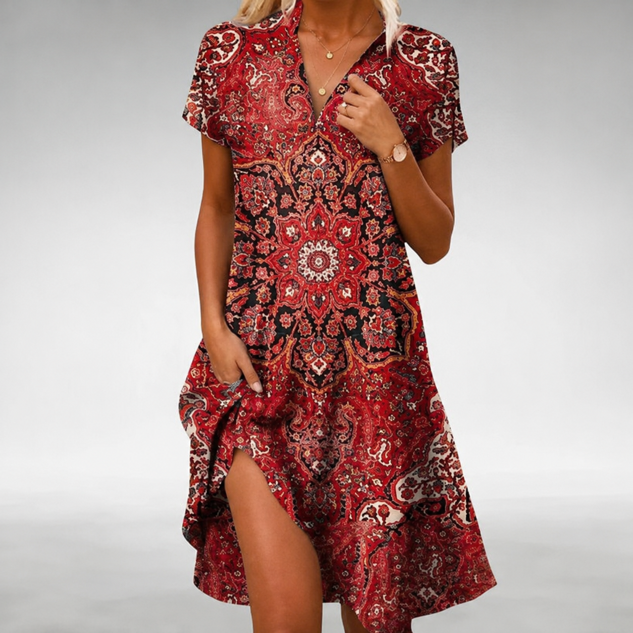 Heejin | Printed Short Sleeve Midi Shirt Dress