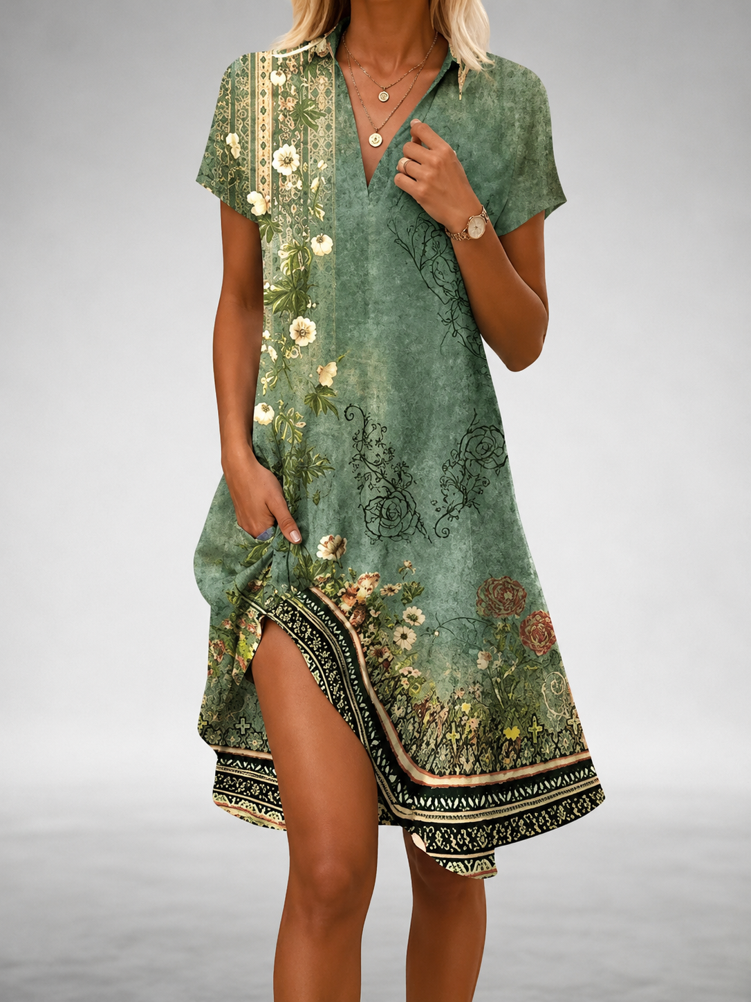 Heejin | Printed Short Sleeve Midi Shirt Dress