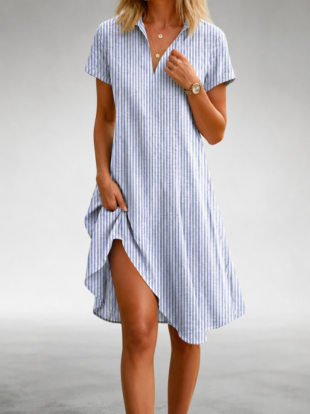 Heejin | Printed Short Sleeve Midi Shirt Dress