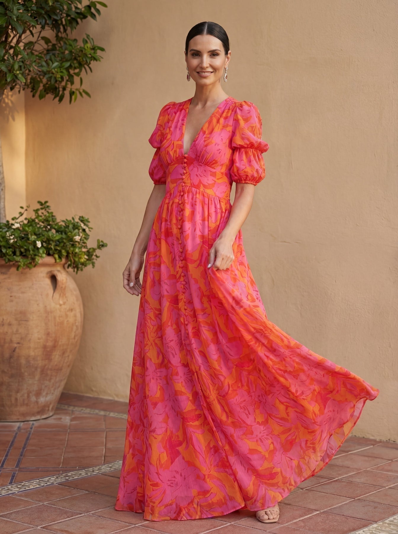 Zinnia | Maxi Dress Pink Orange Floral V Neck