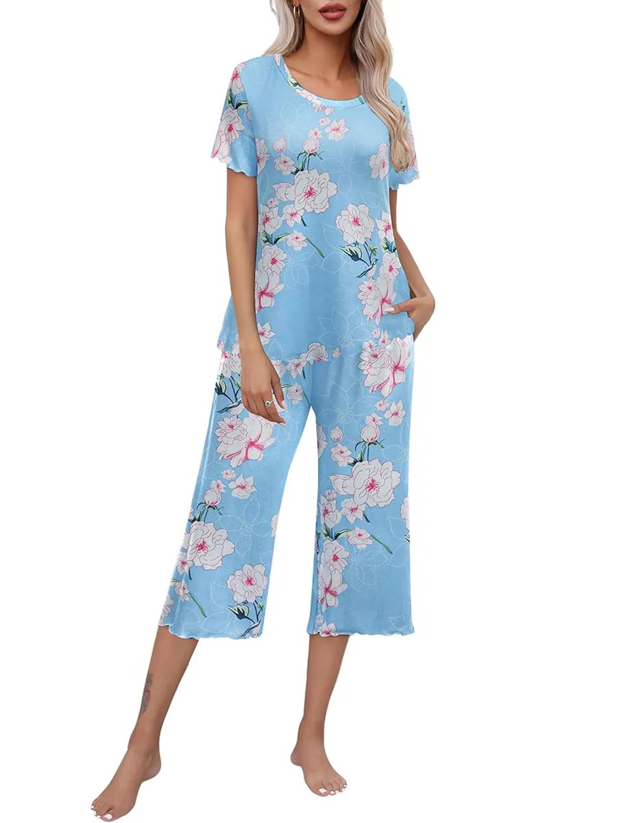 Rashini | Floral Short Sleeve Cropped Pyjama Set
