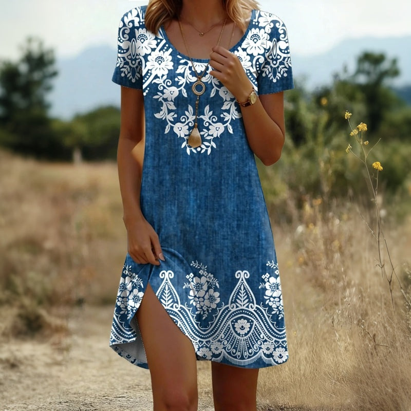 Alexise | Floral Print Blue Short Sleeve Dress