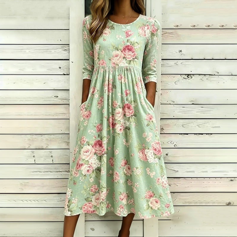 Liniza | Floral Print Midi Dress Three Quarter Sleeve