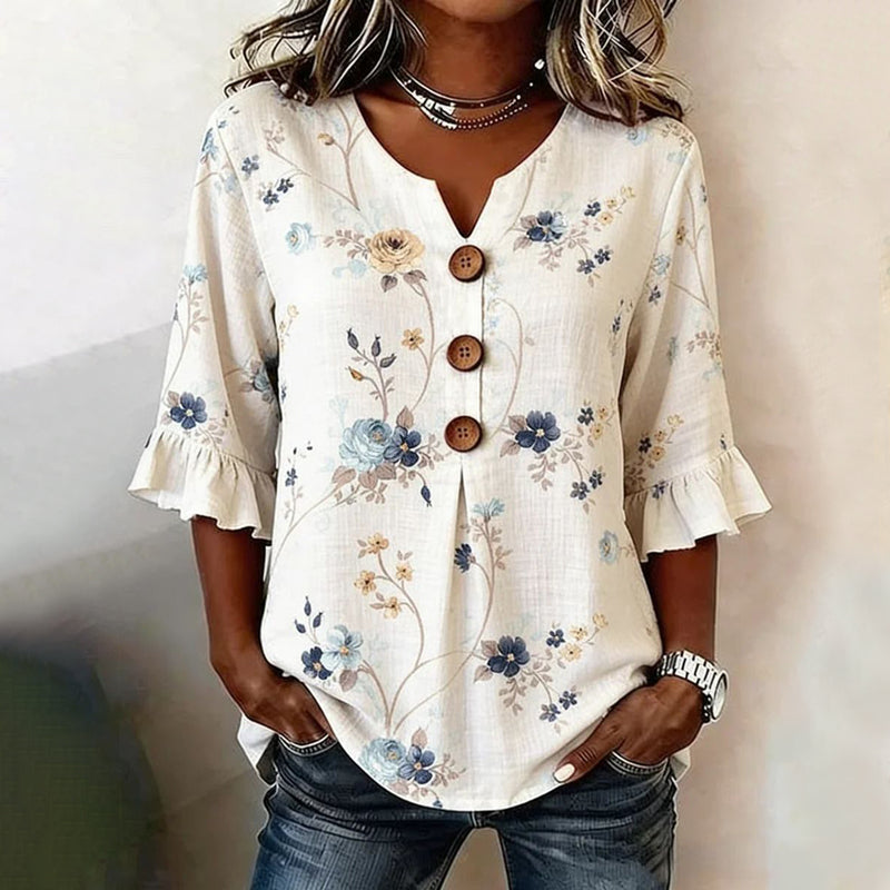 Kulap | Floral Ruffle Sleeve Button Front Blouse