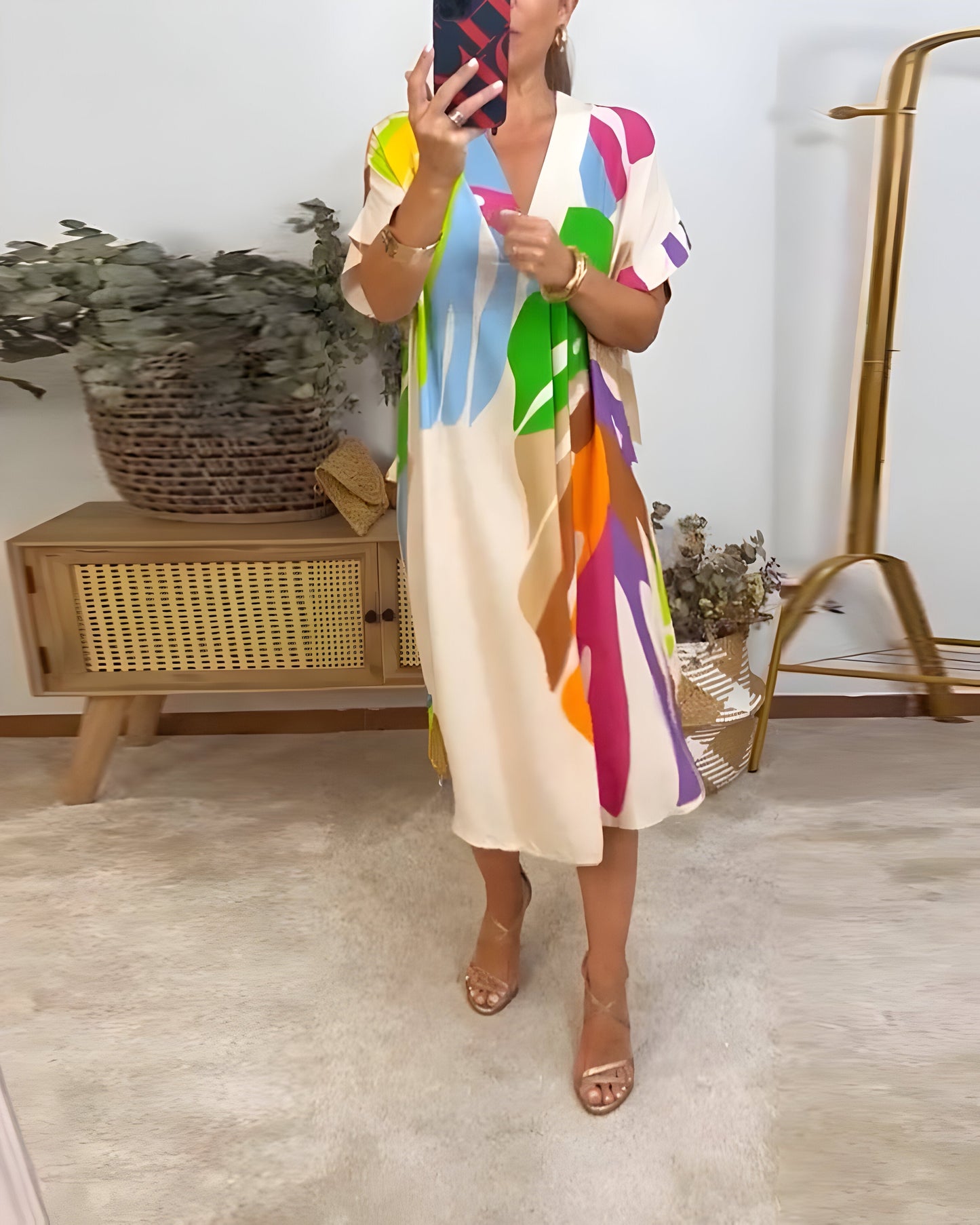 Ailsa | V-Neck Abstract Print Midi Kaftan Dress