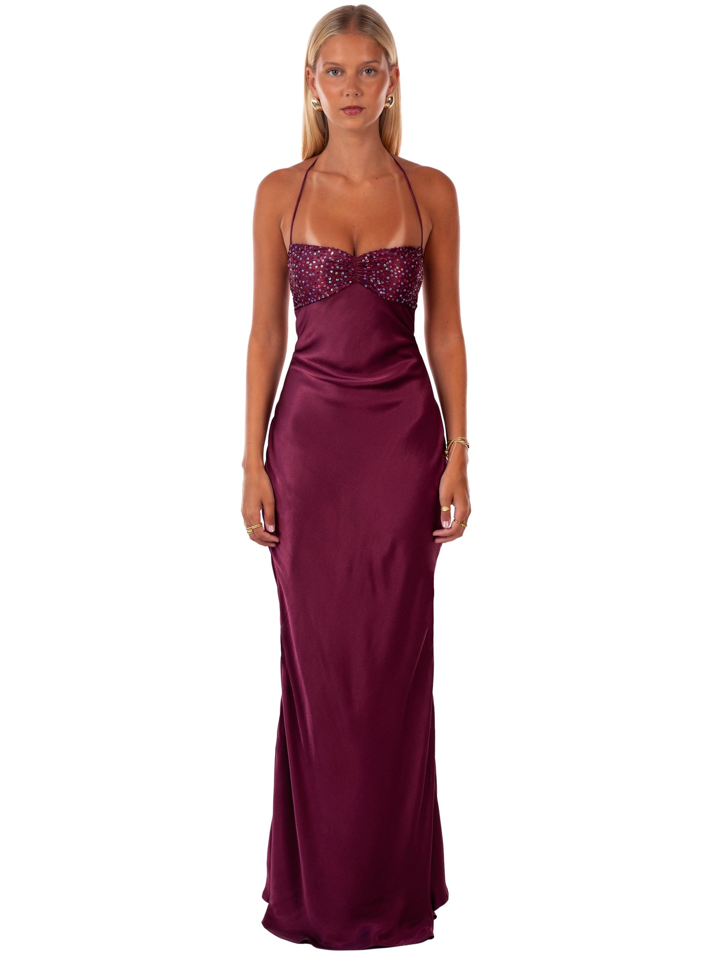 Nilysha | Sequin Bodice Halterneck Maxi Dress