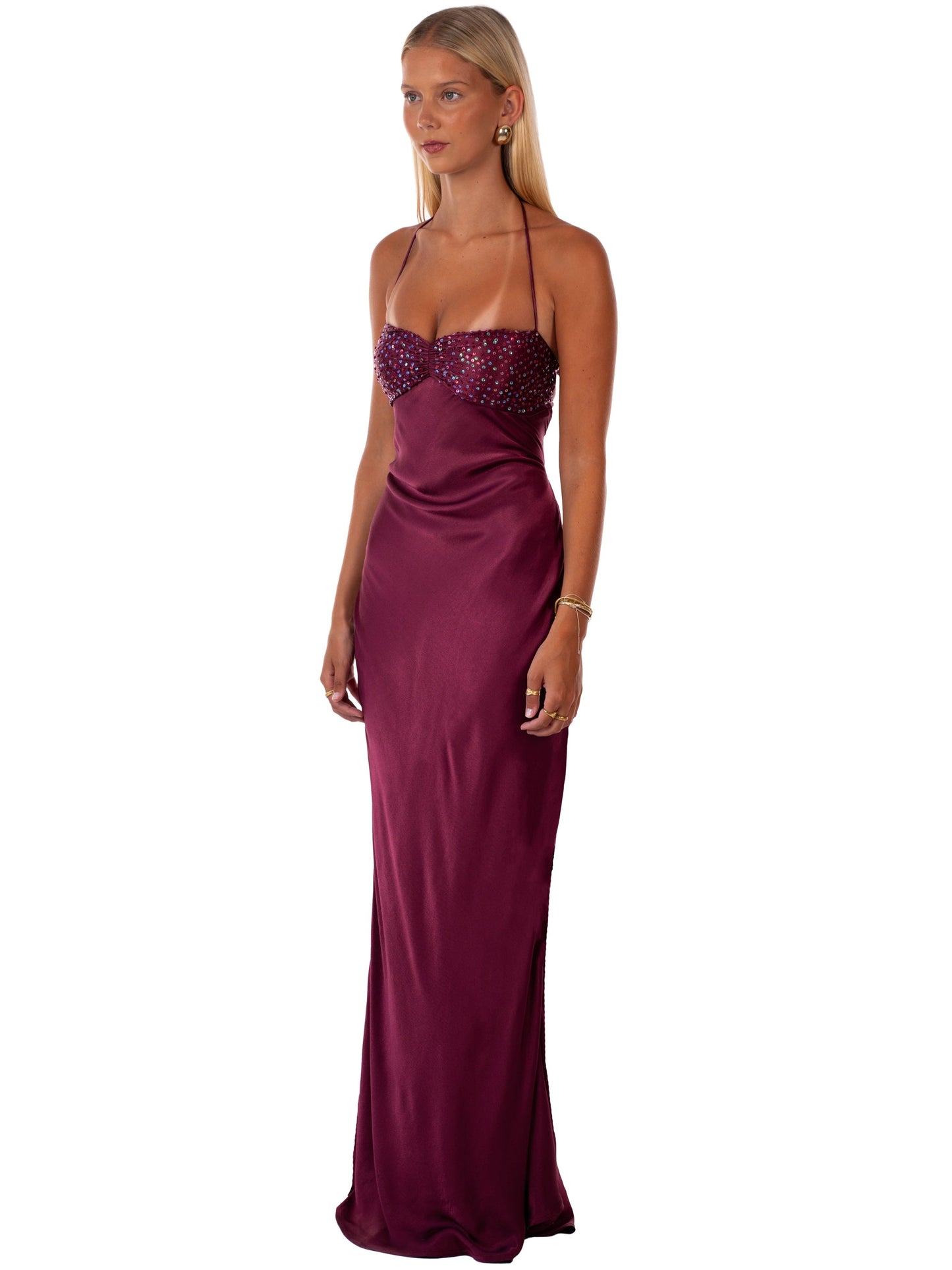 Nilysha | Sequin Bodice Halterneck Maxi Dress