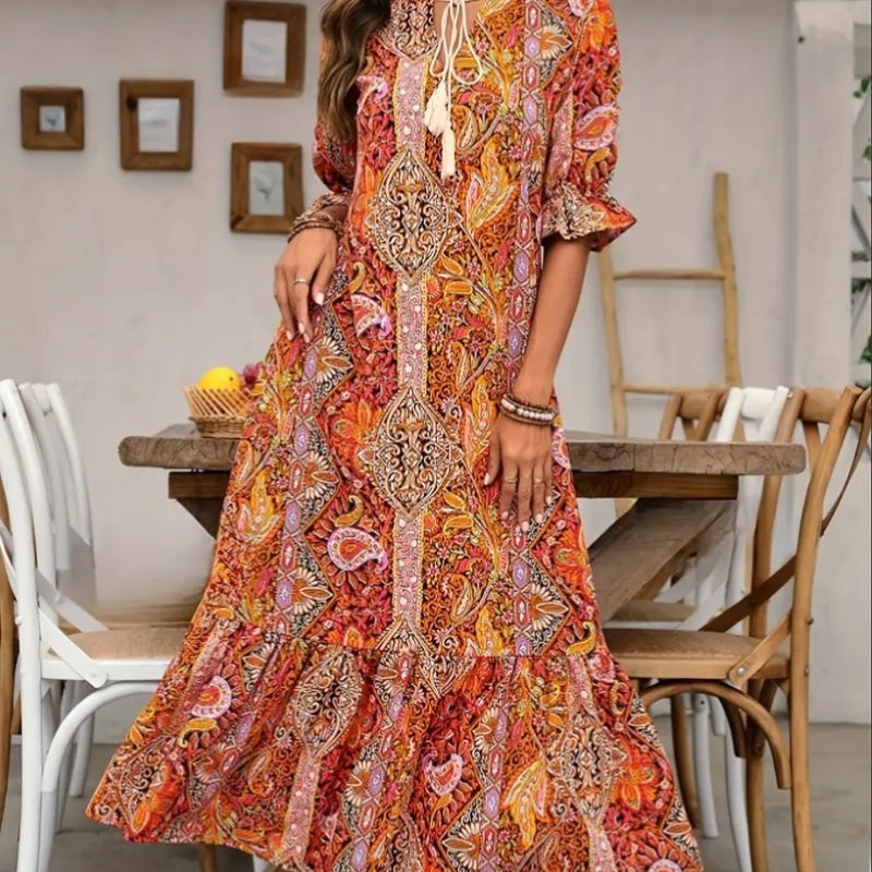 Aniy | Paisley Print Tassel Tie Midi Dress