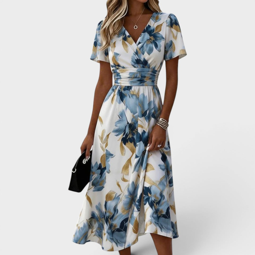 Elinza | Floral V-Neck Short Sleeve Midi Dress