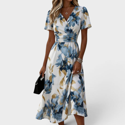 Elinza | Floral V-Neck Short Sleeve Midi Dress