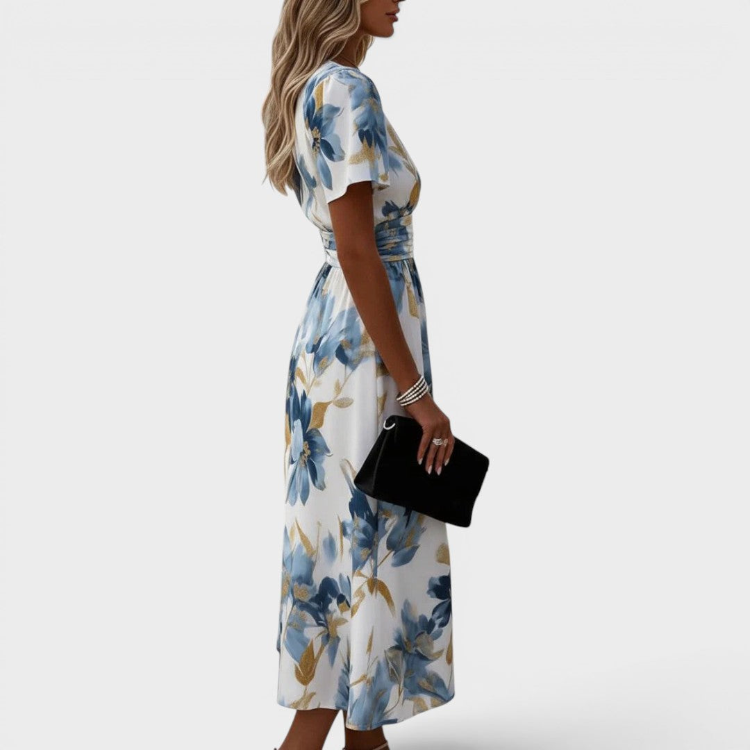 Elinza | Floral V-Neck Short Sleeve Midi Dress