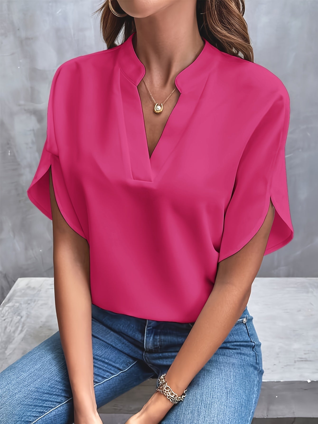 Carros | V-Neck Satin Short Sleeve Blouse
