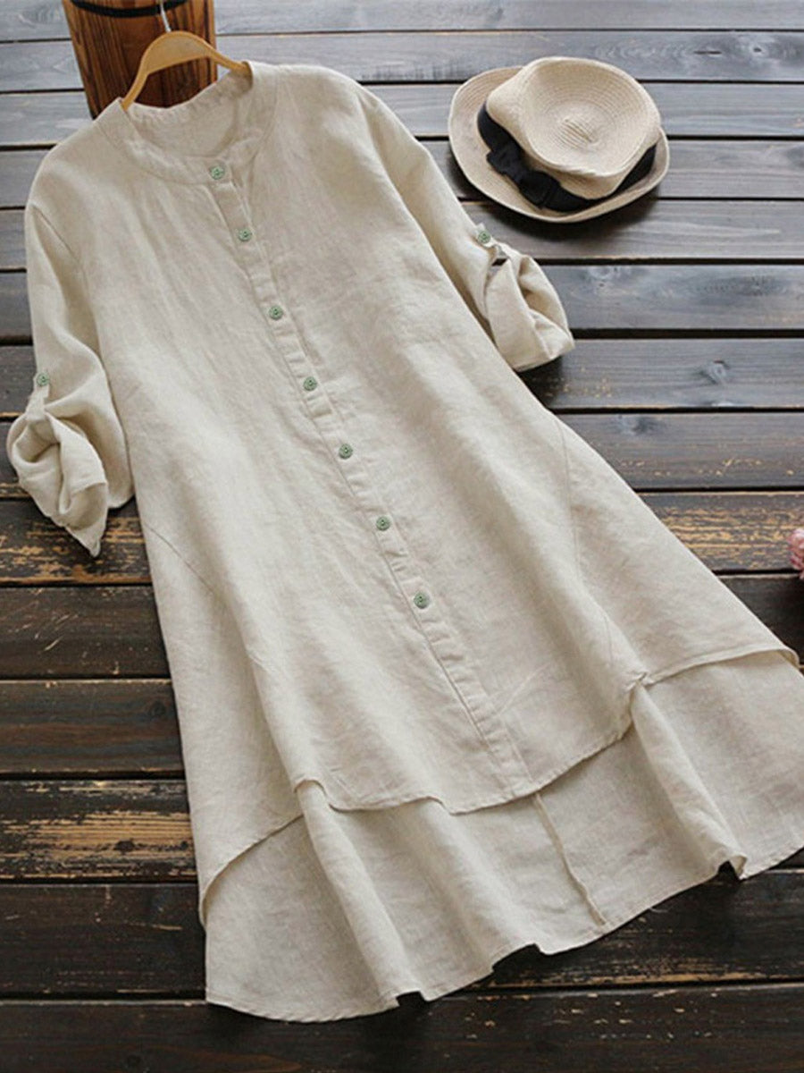 Haleena - Linen Style Button Front Midi Dress