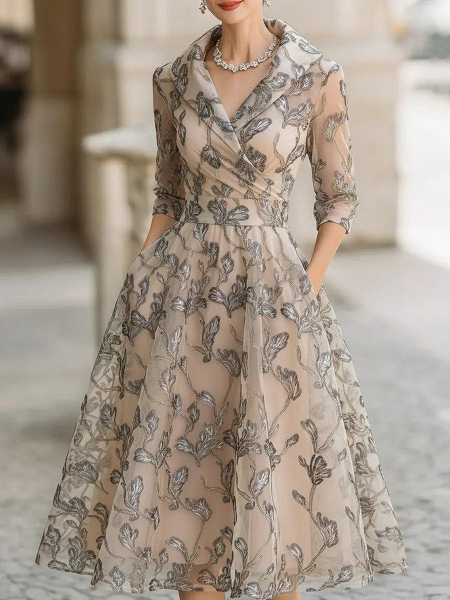 Lyanni | Embroidered Mesh Wedding Guest Midi Dress