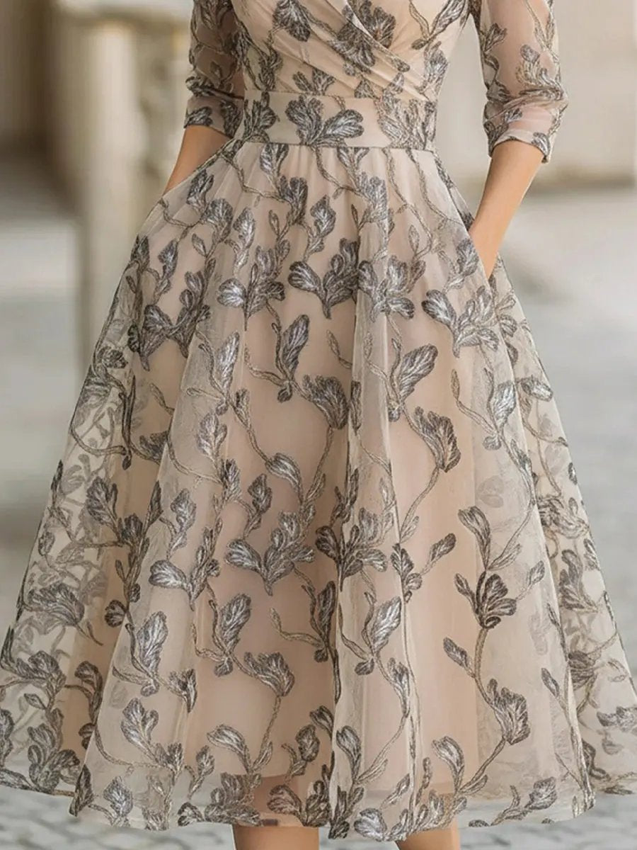 Lyanni | Embroidered Mesh Wedding Guest Midi Dress