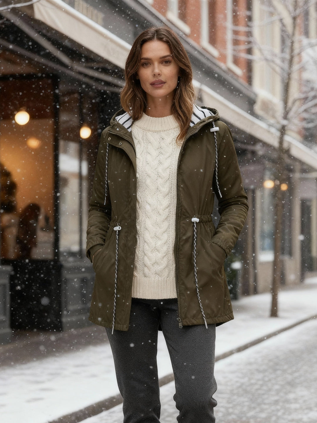 Philomena | Hooded Coat with Adjustable Waist and Striped Lining