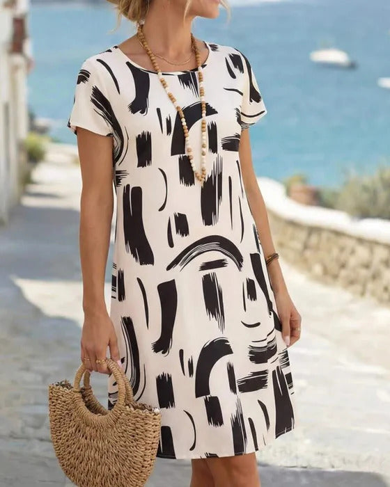 Kline | Abstract Print Short Sleeve Midi Dress