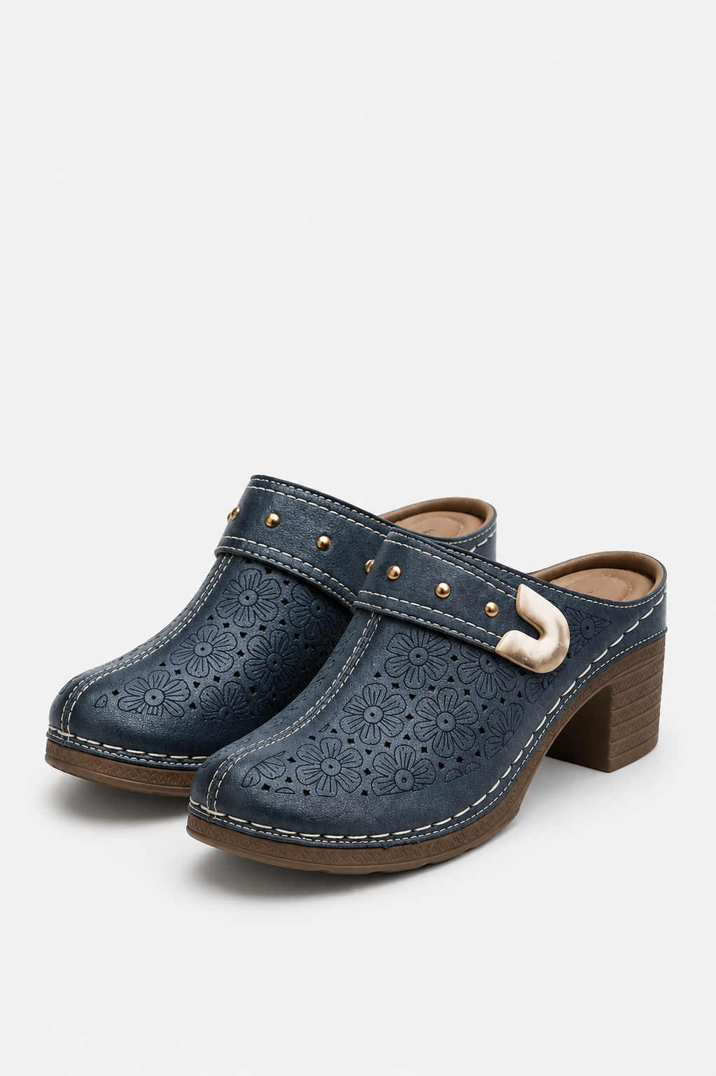 Belinda | Heeled Slip-On Clogs with Floral Cutouts