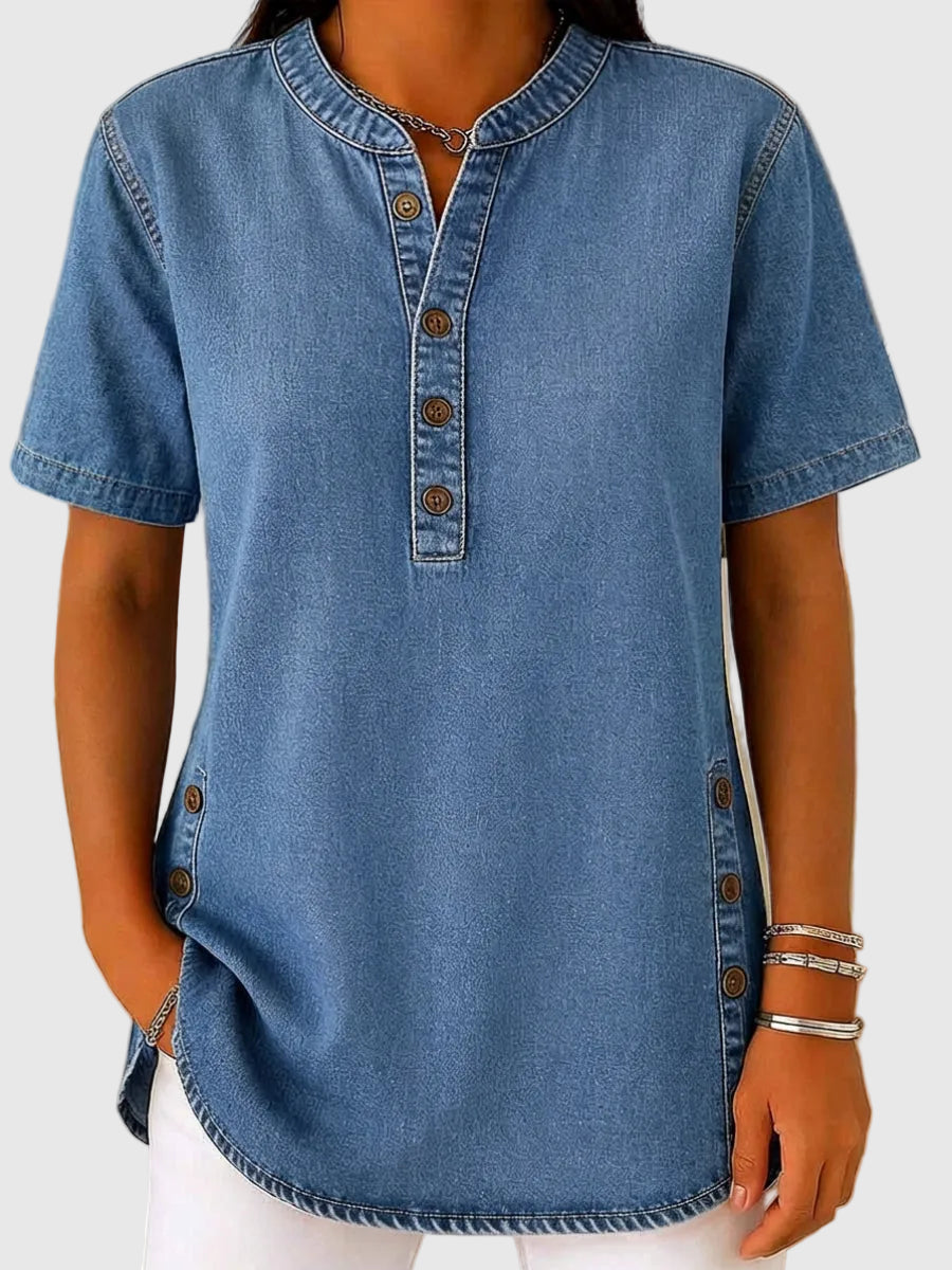 Julina | Denim Henley Short Sleeve Shirt