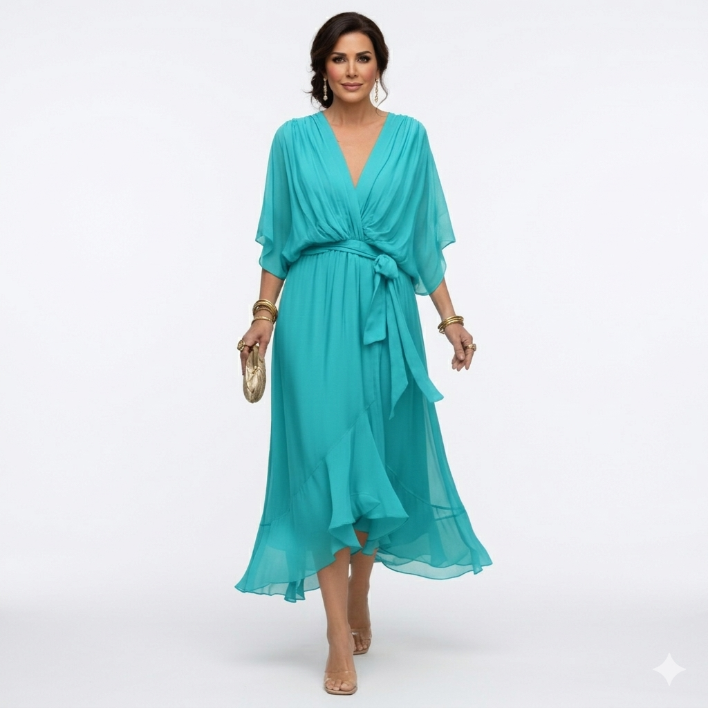 Zagda | Midi Dress V-Neck Batwing Sleeves