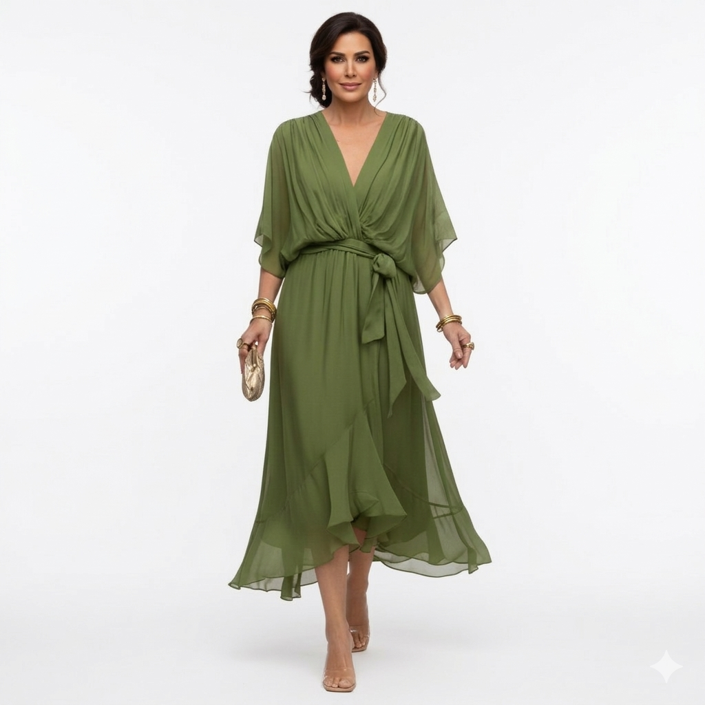 Zagda | Midi Dress V-Neck Batwing Sleeves