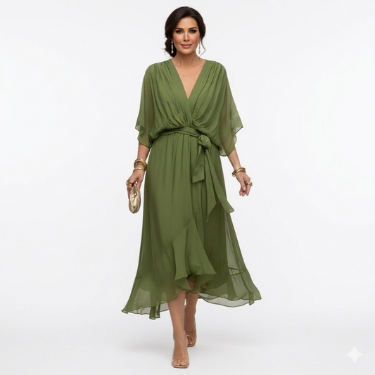 Zagda | Midi Dress V-Neck Batwing Sleeves