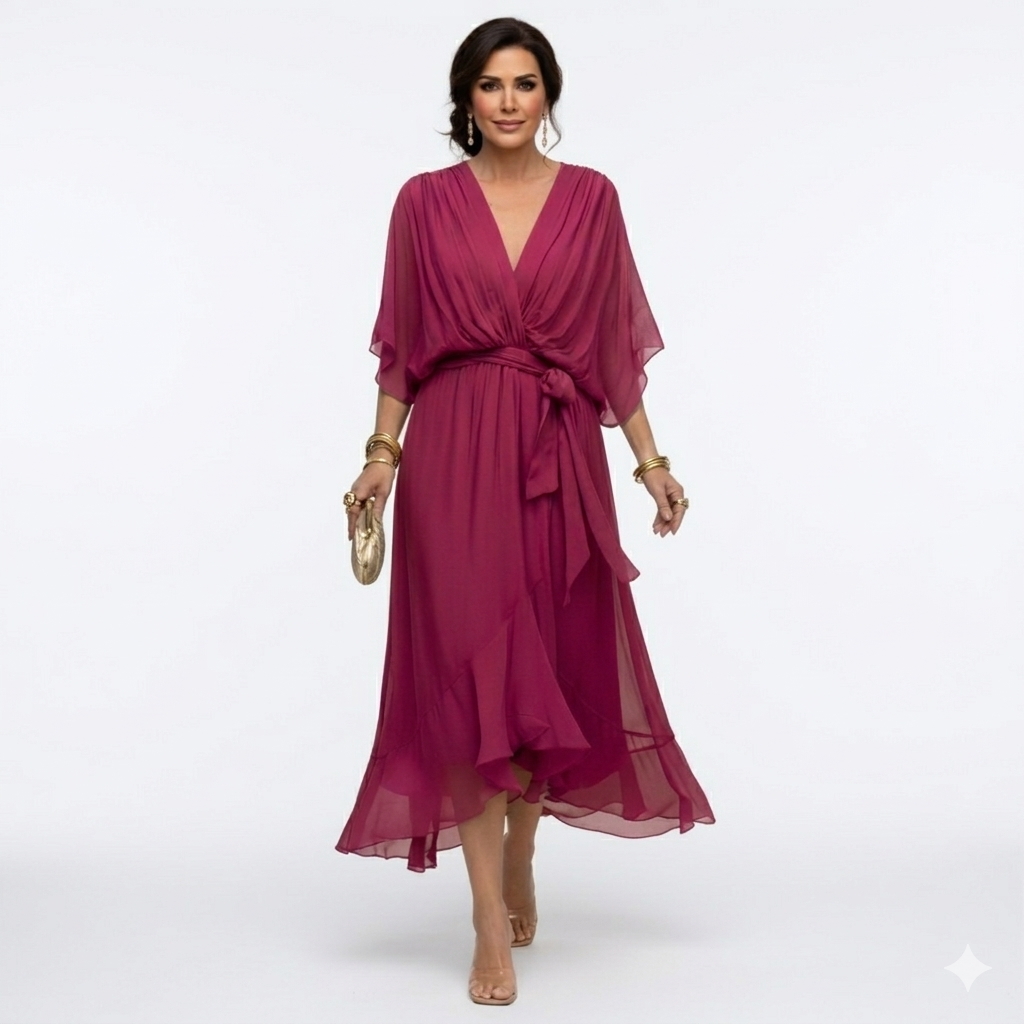 Zagda | Midi Dress V-Neck Batwing Sleeves