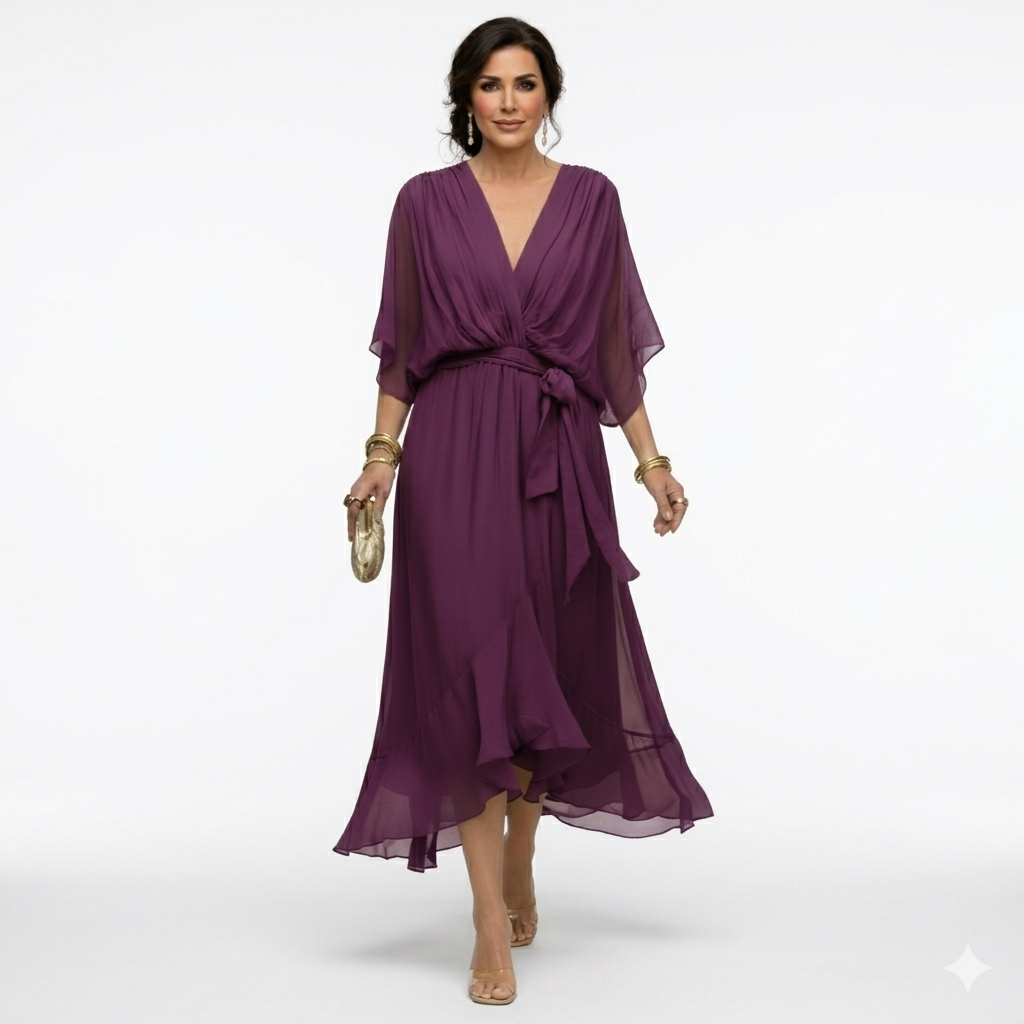 Zagda | Midi Dress V-Neck Batwing Sleeves