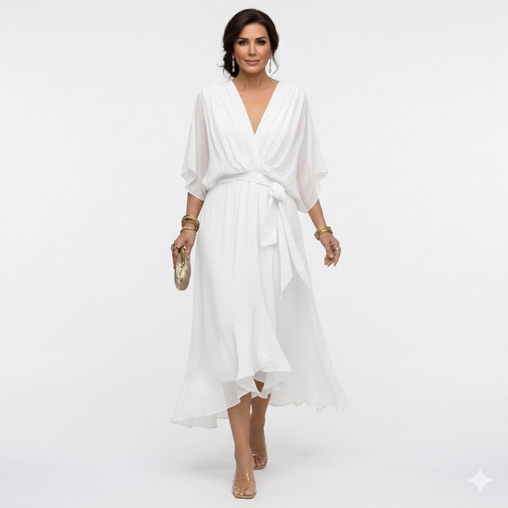 Zagda | Midi Dress V-Neck Batwing Sleeves