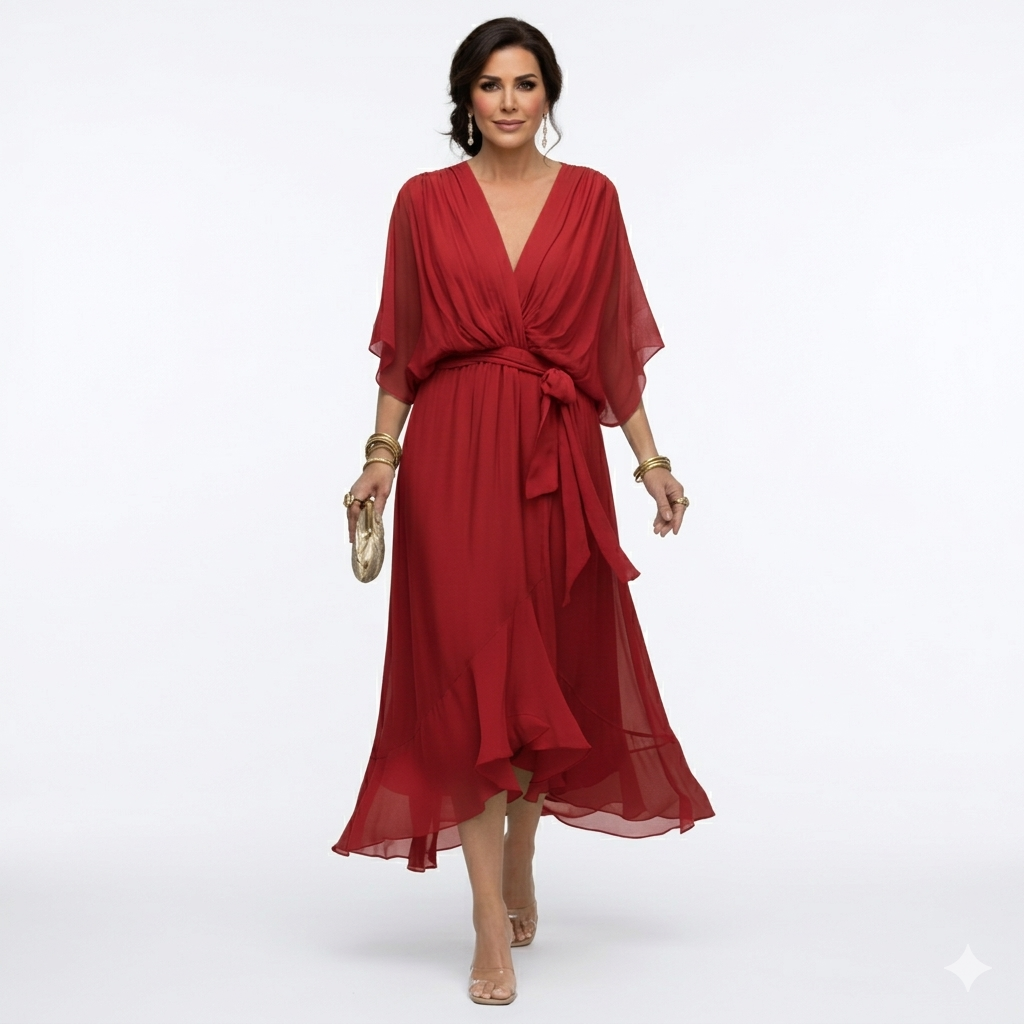Zagda | Midi Dress V-Neck Batwing Sleeves