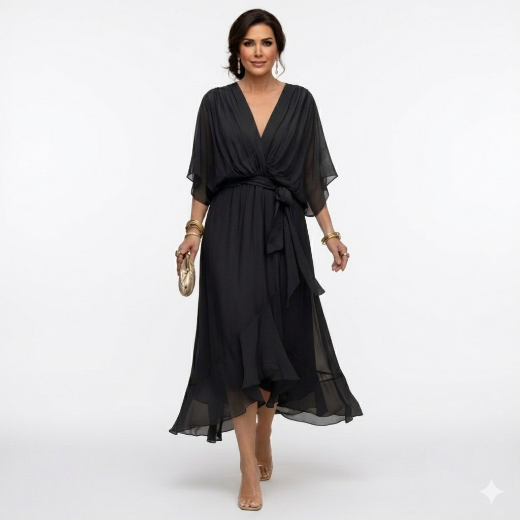 Zagda | Midi Dress V-Neck Batwing Sleeves